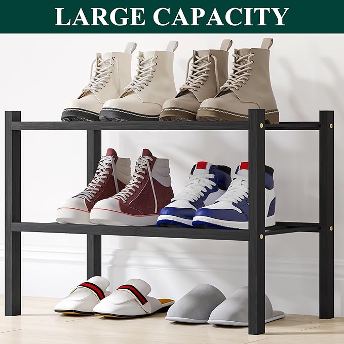 Smiry Shoe Rack, 2 Tier Small Bamboo Shoe Organizer, Stackable Free Standing Wooden Shoe Storage Shelf for Closet, Entryway, Front Door Entrance, Black