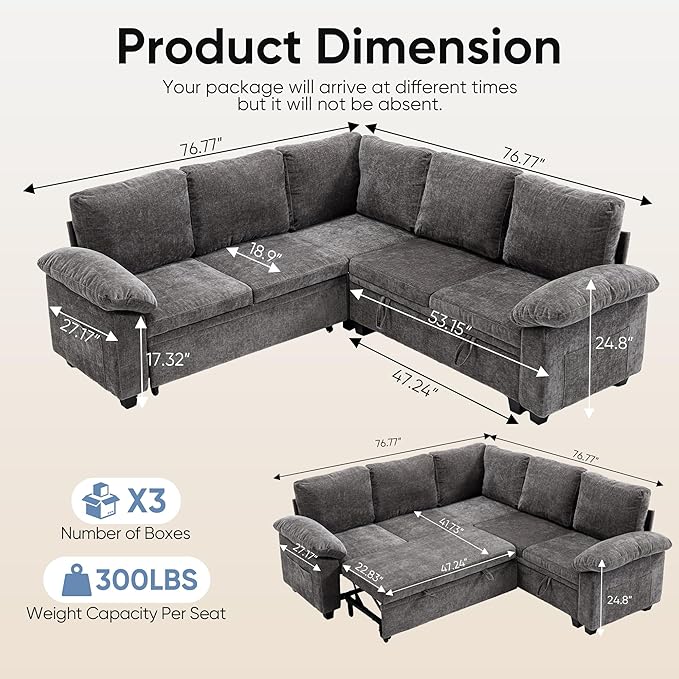 76.8" Modular Sectional Sleeper Sofa with Pull Out Bed,U Shaped 5 Seat Sectional Sofa with Storage, Modular Couch for Living Room,Deep Seat Couch with Removable Sofa Cover,Gray