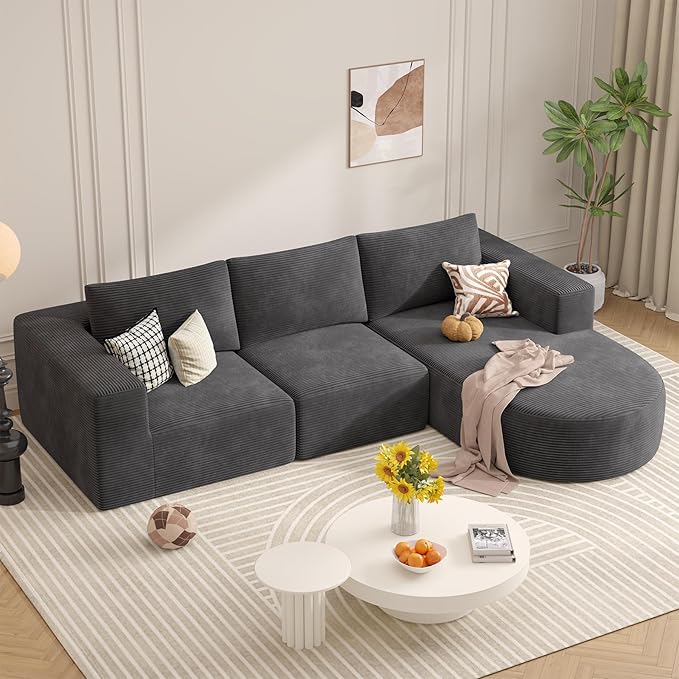 Modular Sectional Sofa with L-Shape Chaise,Cloud Sectional Modern Sleeper Couch with Deep Seat,Sponge Compression Sofas No Assembly Required (Dark Gray-Corduroy Fabric) 1PCS