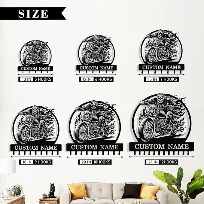 Personalized Key Holder Wall Mount, Custom Motorcycle Metal Keys Holder for Wall with Name, Wall Key Hanger Rack with Hooks for Entryway, Front Door, Living Room, Kitchen, Bathroom, Garden