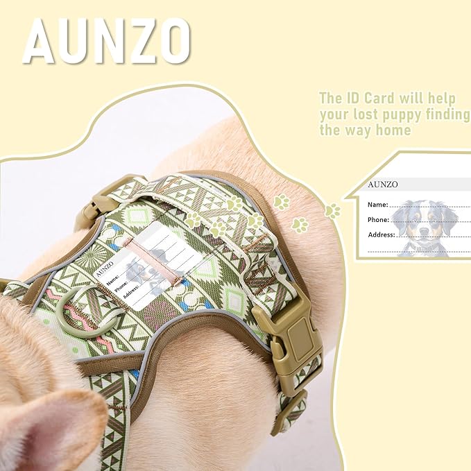 Light Dog Harness for Small Dog Breeds, No-Pull Pet Harness with 2 Leash Clips, Adjustable Soft Padded Dog Vest, Reflective No-Choke Pet Oxford Vest, Puggle, Terriers, Beagle, Green Ethnic, Small
