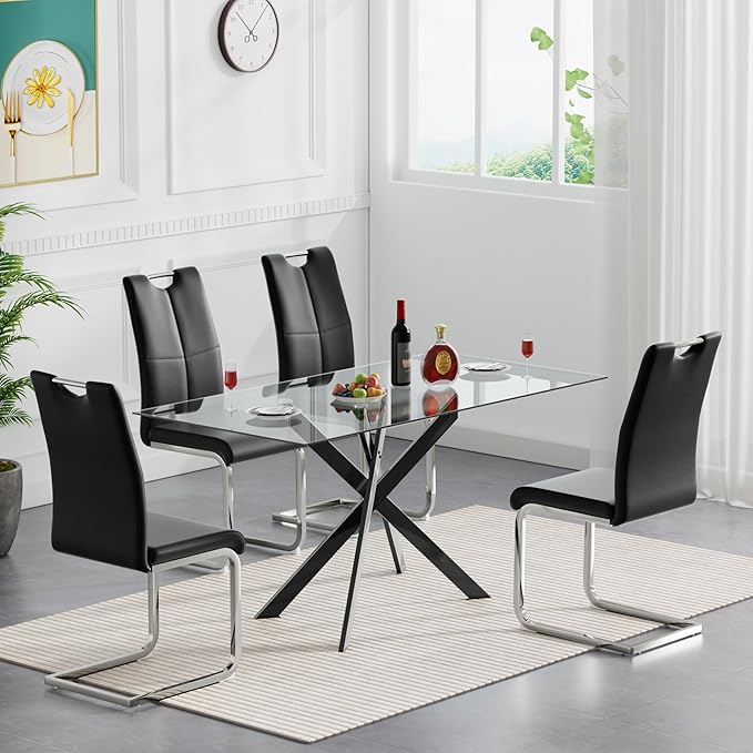 Modern Glass Dining Table Set for 4, Black Glass Kitchen Table and Chairs Set of 4, 5 Piece Dining Room Table Set with 61" Rectangular Metal Glass Dinner Table and 4 Black Leather Dining Chairs