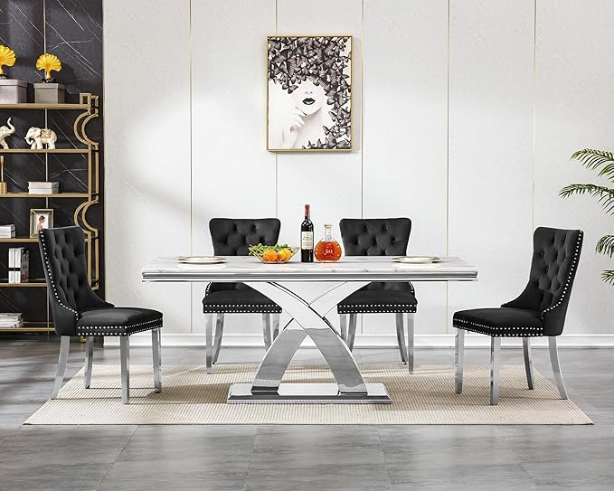 Modern White Marble Dining Table Set for 4,5-Piece Kitchen Table and Chairs for 4,Luxury Silver Dining Room Table Set w/68" Rectangle Dinner Table & 4 Black Velvet Chairs for Kitchen Dining Room
