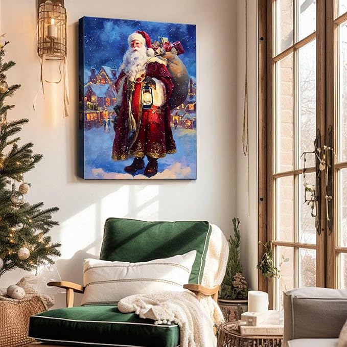 Vintage Santa Claus Delivers Gifts Canvas Wall Art - Rustic Framed Christmas Canvas Prints for Living Room, Cozy Winter Wall Decor, Ideal Christmas Gifts & Festive Decorations