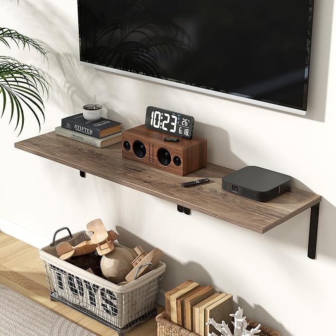 Fun Memories Floating Shelves for Wall, 12 Inch Deep Floating Shelves Set of 2, Wall Mounted Shelf with Metal Brackets, Rustic Wood Wide Shelf for Bathroom, Kitchen and Living Room, Grey, 24W x 12D