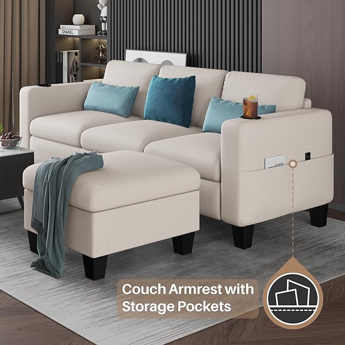 Youmumeub Couches for Living Room-Convertible Sectional Sofa, L-Shape Linen Fabric Sofa Couch with Storage Ottoman, Suit 3-Seats Sofa for Small Living Room and Apartment-Beige(USB+2 Cup Holder)
