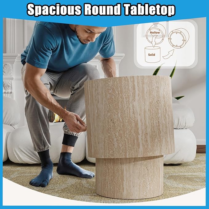 Nesting Coffee Table Set of 2, Modern Round Coffee Table with Non-Slip Feet, Wooden Circle Accent Tables for Small Spaces Living Room Bedroom Balcony Office Drum Side Table (C Travertine)