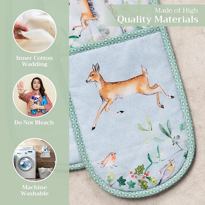 Maison d' Hermine Double Oven Mitt (7" x 35") 100% Cotton Heat Resistant BBQ Cooking Gloves with Loop for Thanksgiving Christmas Decorations Baking Cooking Barbeque Handling Hot Pan (Snowy World)