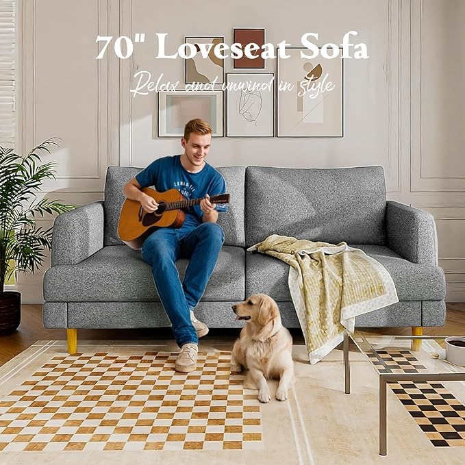 Loveseat Sofa Couch for Living Room with USB Type C Ports – Light Gray Upholstered 70" Small Couches for Bedroom, Office or Apartment–Modern 2-Seater Deep Seating with Soft Cushions & Sturdy Frame