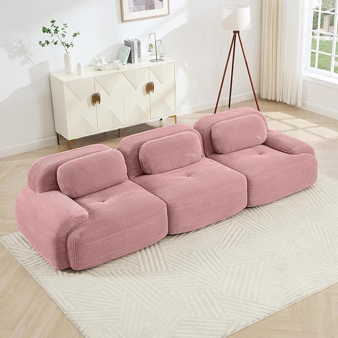 116" Modern Corduroy Cloud Sofa, Boneless Modular Large Sectional Couches for Living Room, Pink 3 Seater Compressed Memory Foam Couch, Extra Deep Seat, No Assembly