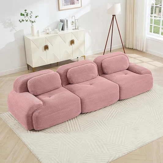 116" Modern Corduroy Cloud Sofa, Boneless Modular Large Sectional Couches for Living Room, Pink 3 Seater Compressed Memory Foam Couch, Extra Deep Seat, No Assembly