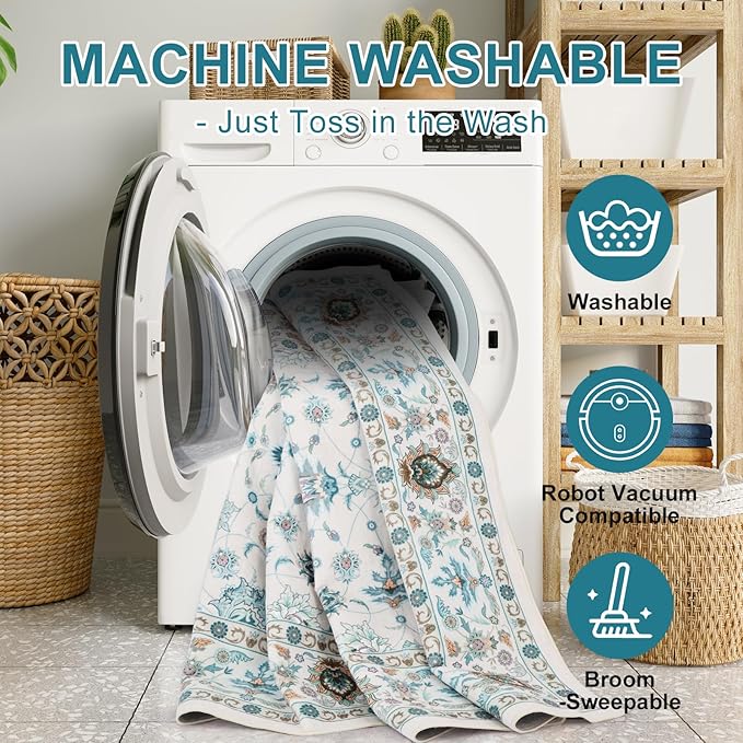 WILLSUN Washable Area Rugs, 8x10 Non-Slip Boho Large Area Rugs for Living Room, Bedroom, Machine Washable Vintage Rug, Indoor Floral Print Carpet for Home Decor, Kid & Pet Friendly Mat