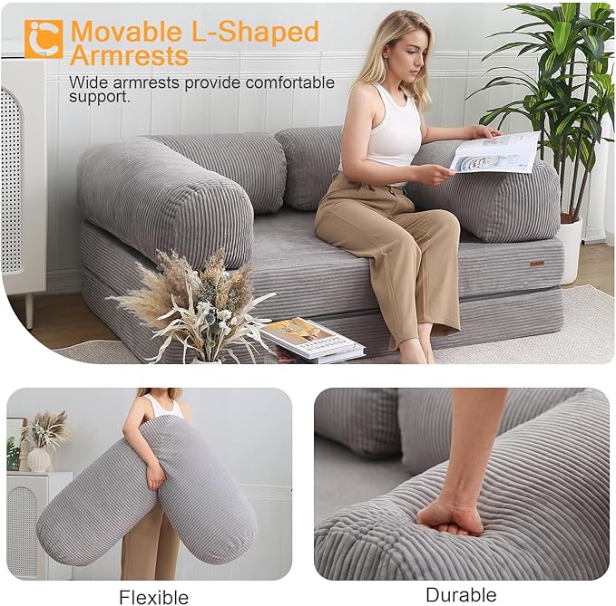 COMAX Folding Sofa Bed Queen, 4-in-1 Foldable Floor Couch Convertible Futon Sofa with Armrests Sleeper Mattress Chair Bed Comfy Portable Fold Out Lounge Guest for Living Room Bedroom, Light Grey