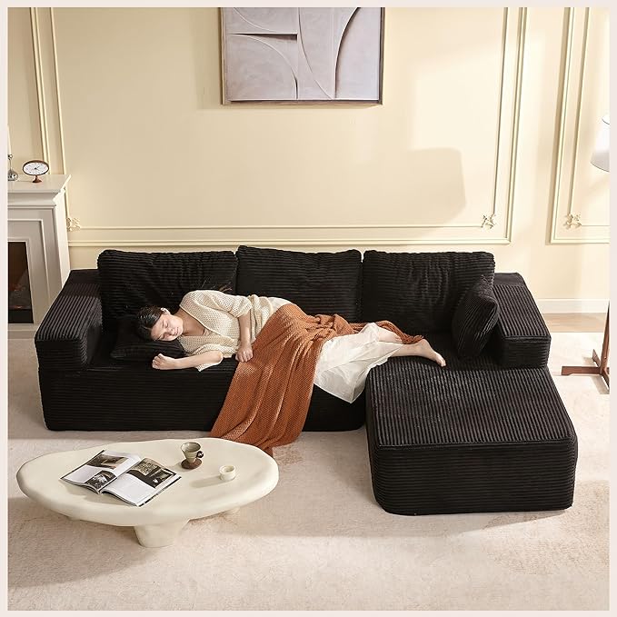 107" Boneless Couch with Deep Seat, Modular Sectional Sofa, Cloud Sectional Couch for Living Room, No Assembly Required, Corduroy, L-Shape Right?Black