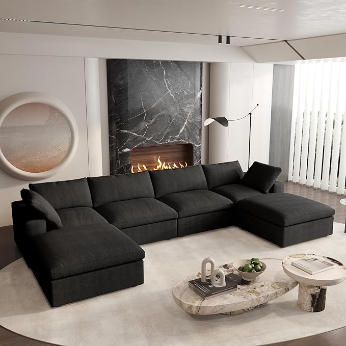Cloud Couch Modular Sectional Sofa with 2 Storage Ottomans,160.6" U Shaped Couch,6 Seater Minimalist Wide Deep Seat Convertible Couches, Covers Washable&Replaceable,Black