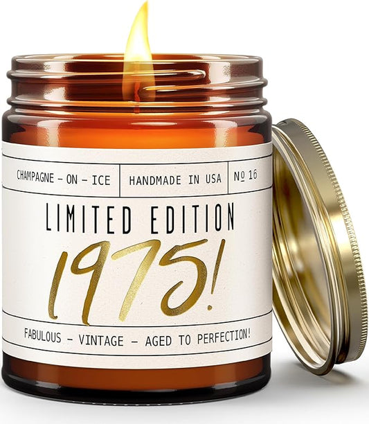 50th Birthday Gifts for Her, 50th Birthday Gifts for Women - 'Limited Edition 1975' Soy Candle, w/Champagne on Ice I 50 Year Old Gift for Women I 9oz Reusable Jar, 50Hr Burn, Made in USA