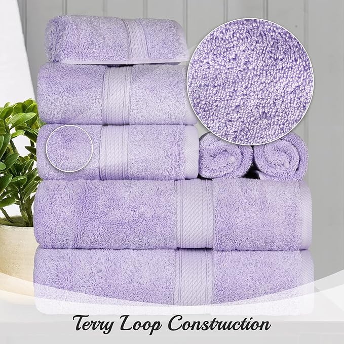 Superior Egyptian Cotton Pile 8 Piece Towel Set, Includes 2 Bath, 2 Hand, 4 Face Towels/Washcloths, Ultra Soft Luxury Towels, Thick Plush Essentials, Guest Bath, Spa, Hotel Bathroom, Purple