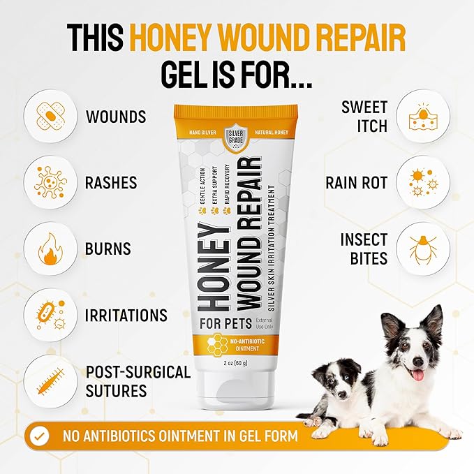 Dog Wound Care with Honey & Colloidal Silver for Scratches & Skin Irritations – Horse & Dog Hot Spot Treatment Gel Works as Honey Rapid Wound Repair – for All Pet Ages & Breeds – 2-Oz Tube