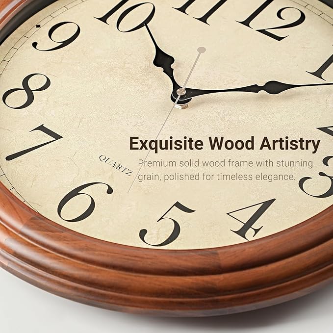 16-Inch Wood Wall Clock with Large Numbers, Retro Round Brown Clock Wall, Silent Non-Ticking for Living Room, Kitchen Wall Clocks