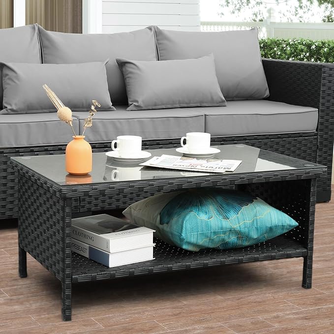 Outdoor Wicker Coffee Table Patio Furniture Garden Rattan 2-Layer Glass Table with Storage and Furniture Cover, Black