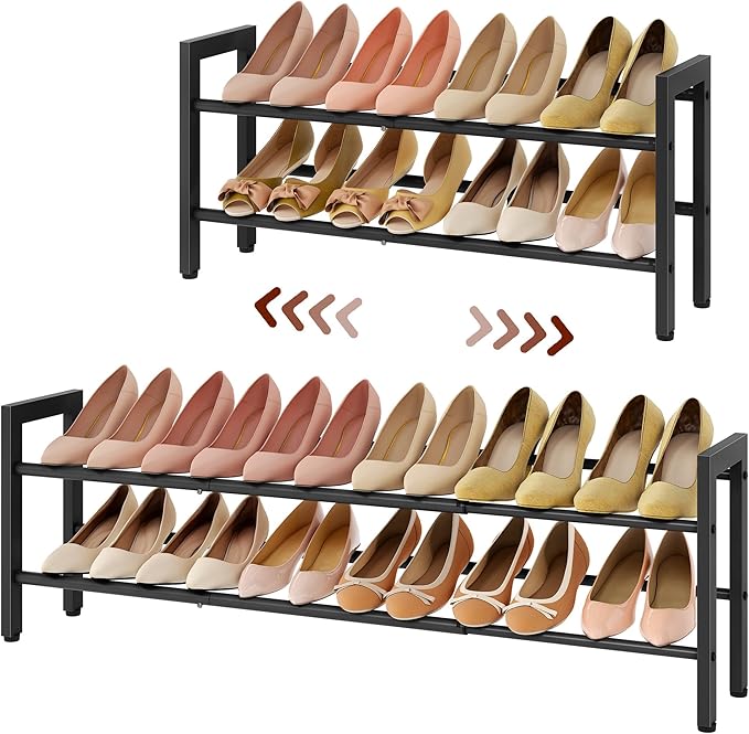 FAVOOSTY 2-Tier Expandable Shoe Rack, Adjustable Shoe Shelf Storage Organizer Space Saving Metal Free Standing Shoe Rack for Entryway Closet Doorway, Black