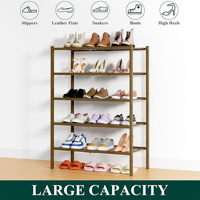 Smiry Shoe Rack, 5 Tier Thick Bamboo Shoe Organizer, Stackable Free Standing Wooden Shoe Storage Shelf for Closet, Entryway, Front Door Entrance, Walnut