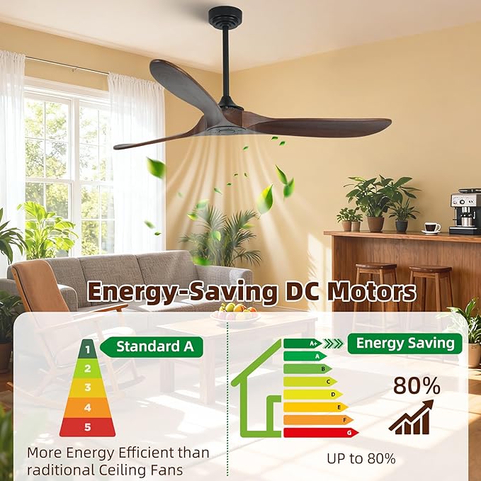 Outdoor Ceiling Fan Without Light, 60 Inch Smart Ceiling Fan with Remote & Voice Control for Alexa/Google, 3-Blade Wood Fan, Quiet DC Motor, 6 Speeds for Patio, Porch, Farmhouse, Dark Walnut