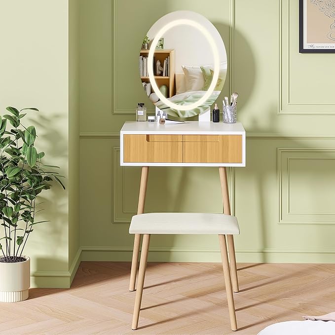 Small Vanity Desk with Mirror and Lights, Wooden Handles with Cushioned Stool, 3 Lighting Modes Round Makeup Table with Upgraded Silent Slides, Compact Vanity for Small Spaces, Natural Oak