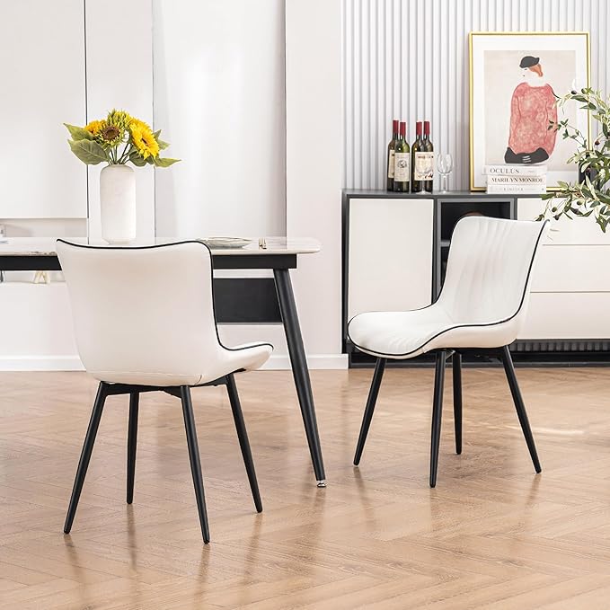 Kidol & Shellder White Dining Chairs Set of 2,Faux Leather Upholstered Mid Century Modern Kitchen&Dining Room Chair with Back,Ergonomic Armless Vanity&Living Room Chair with Metal Legs