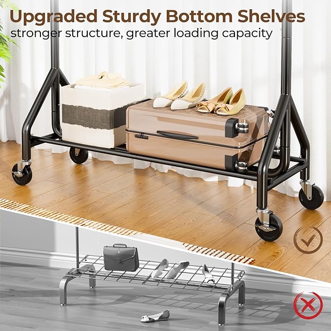 Heavy Duty Clothes Rack Load 450 LBS, Metal Garment Rack, Standing Rolling Clothing Rack for Hanging Clothes with Sturdy Wheels & Shelves, Portable Closet Wardrobe Rack,Black
