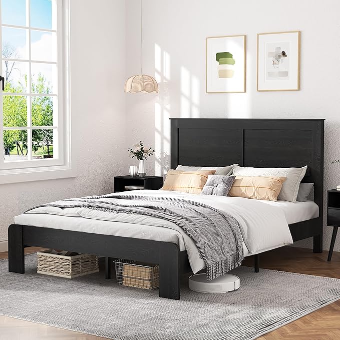 Full Size Bed Frame, Rustic Vintage Platform Bed Frame with Wood Headboard and Footboard, 12 Wood Slats Support, No Box Spring Needed (Black, Full)