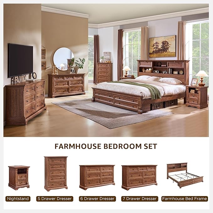 Farmhouse Queen Size Bed Frame with 54" Tall Headboard, Headboard with 4 Storage Rack, 2 Drawers, Wood Platform Bed Frame,18" Roman Column Decoration Footboard,No Box Spring Needed(Reclaimed Barnwood)