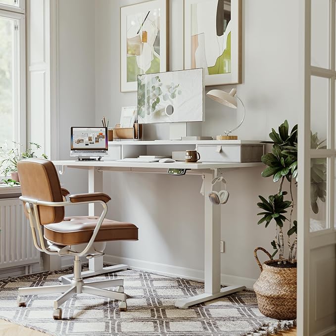 Agilestic 63 x 24 Inches Electric Standing Desk with 2 Storage Drawers, Stand Up Desk Adjustable Height, Sit and Stand Computer Table with Splice Board, White