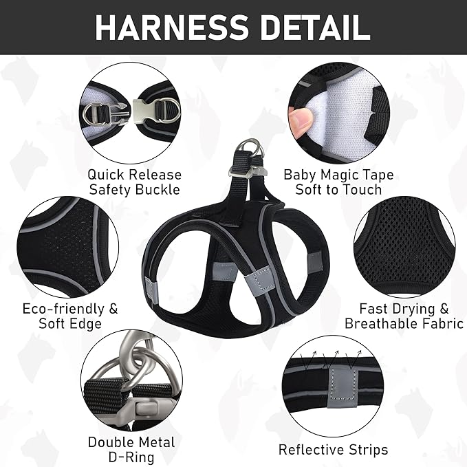 GAMUDA Small Dog Harness Collar and Leash Set, Step in No Chock No Pull Linen Fabric Soft Mesh Dog Vest Harnesses Reflective for Dogs Puppy Cats Kitten Rabbit (Black, XL)