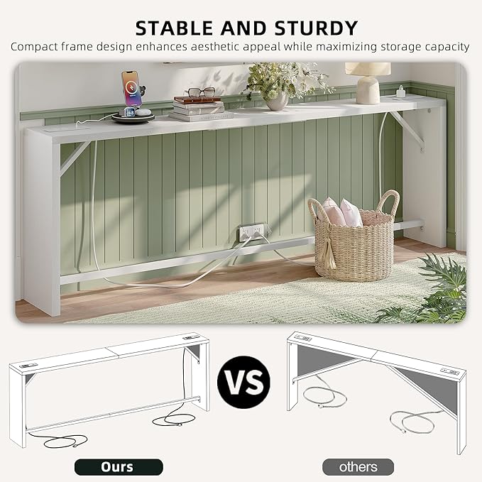 TIQLAB Sofa Table, 79''L x 9.1''W (1.2'' Thickness) Long Console Table Behind Couch, Entryway Table with Angled Metal Frame, Industrial Console Table, White