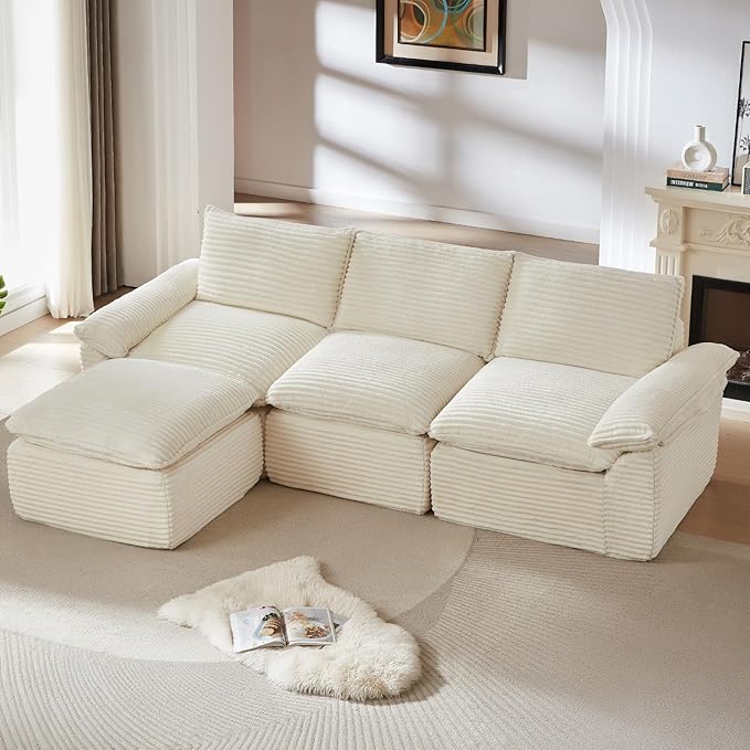 111" Cloud Sectional Couch with L-Shaped Chaise, Corduroy Sectional Sofa with Ottoman, Boneless Couch with Deep Seat in a Box for Living Room, No Assembly Required (White)