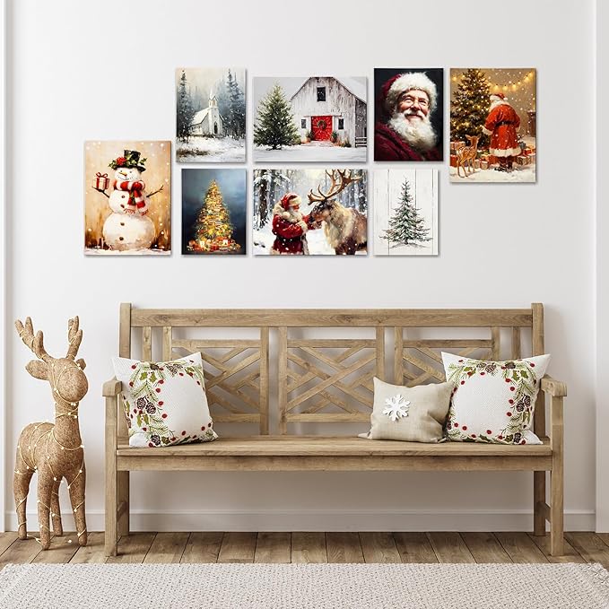 Vintage Reindeer and Santa Claus Christmas Wall Art, Rustic Framed Christmas Picture for Livingroom Bedroom, Ready-to-Hang Christmas Gifts & Festive Winter Wall Decorations