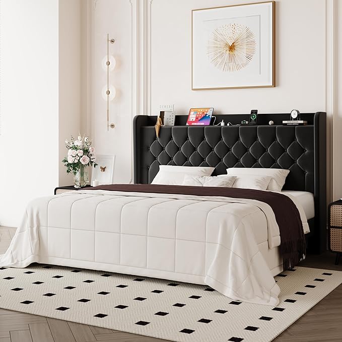 Allewie King Size Bed Frame, Storage Headboard with Charging Station, Wingback Velvet Upholstered, Diamond Stitched Button Tufted, Sturdy Wooden Slats, No Box Spring Needed, Easy Assembly, Black
