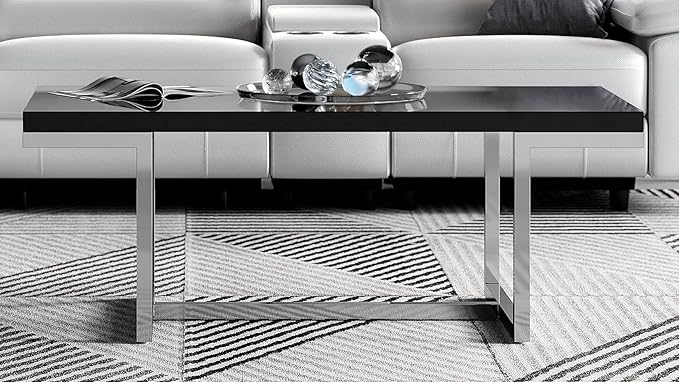 Modern Straz Coffee Table Glossy Black Lacquer Top Polished Stainless-Steel Base