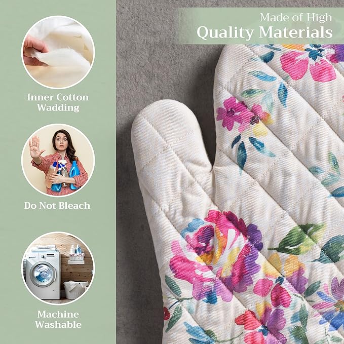Maison d' Hermine Oven Gloves 100% Cotton Oven Mitt 7" x 13" with Loop Heat Resistant, BBQ, Cooking Gloves, Baking, Grilling, Kitchen, Handling Hot Pans Spring/Summer (Pack of 1, Rose Garden)