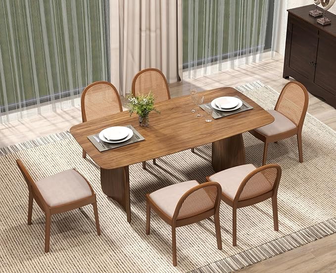 70 Inch Large Dining Table for 6-8 People, Solid Wood Kitchen Table with Curved Wooden Legs, Mid Century Modern Rectangular Long Dinner Table for Dining Room, Walnut