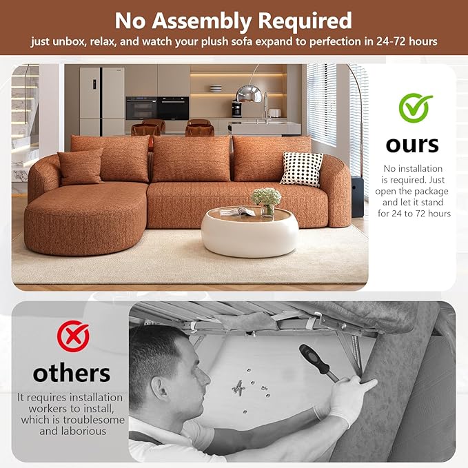 111" Modular Sectional Couches Luxury Modern Curved Back Sofa,Minimalist Comfy L-Shape Boneless Cloud Couch for Living Room Apartment,(Left Facing Chaise,Orange)