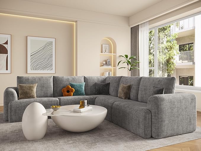 EASE MOOSE Cloud Couch Sectional Sofa, Large L-Shaped Oversized Modular Couch for Living Room, Minimalist Boneless Convertible Couches, 5-Seat Deep Sofas for Bedroom, Chenille (Light Grey)
