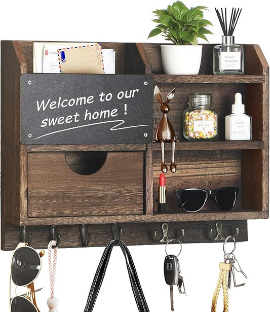 Key Holder Wall Mount, 14.5x11.2x3.5'' Larger 3-Tier Shelf 8 Hooks Drawer Storage,Wooden Key and Mail Holder for Wall,Farmhouse,Home,Living Room,House,Office Decor,Hats,Bag,Dog Leash Hanger Organizer