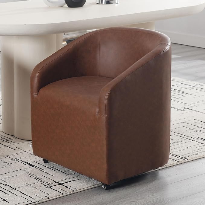 Brown Dining Chairs with Casters, Faux Leather Upholstered Barrel Dining Chairs with Rollers Armchairs Comfy Small Accent Chairs with Arms for Small Spaces Living Room Reading Room Bedroom