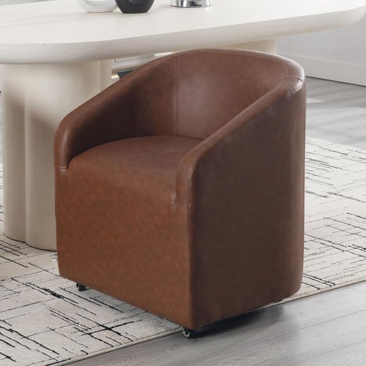 Brown Dining Chairs with Casters, Faux Leather Upholstered Barrel Dining Chairs with Rollers Armchairs Comfy Small Accent Chairs with Arms for Small Spaces Living Room Reading Room Bedroom