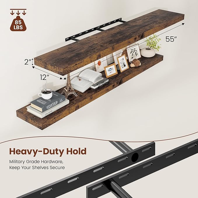 Vivelove 12" Deep Floating Shelves for Wall 55" Long, Wall Shelves for Living Room Bedroom Bathroom Kitchen Laundry Room, Farmhouse Rustic Shelves for Home Decor, 55" X 12" X 2" Set Of 2, Rustic Brown