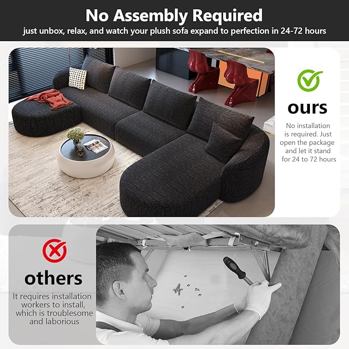 138.6" Modular Sectional Couches Luxury Modern Curved Back U-Shape Sofa Set with Ottoman,Minimalist Comfy Boneless Cloud Couch for Living Room Apartment,(Right Facing Chaise,Black)