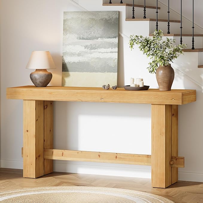 Tribesigns Console Table, 63" Solid Wood Farmhouse Sofa Table with Storage for Living Room, Narrow Entryway & Hallway Accent Table Behind Couch, Natural Wood Finish