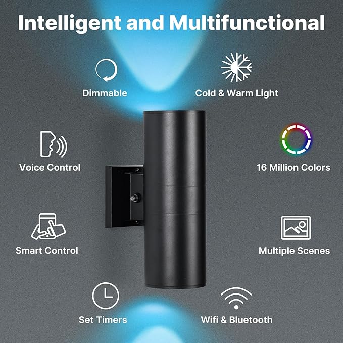 RGBCW Outdoor Wall Light 2 Pack, Smart Porch Light Dusk to Dawn Lighting with Remote Control, WiFi Outdoor Wall Sconce, Compatible with Alexa, Exterior Lights for House Porch Garage